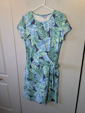 J. MCLAUGHLIN Elora Sheat Dress Side Tie Size Medium Leaves Pattern Blue Green